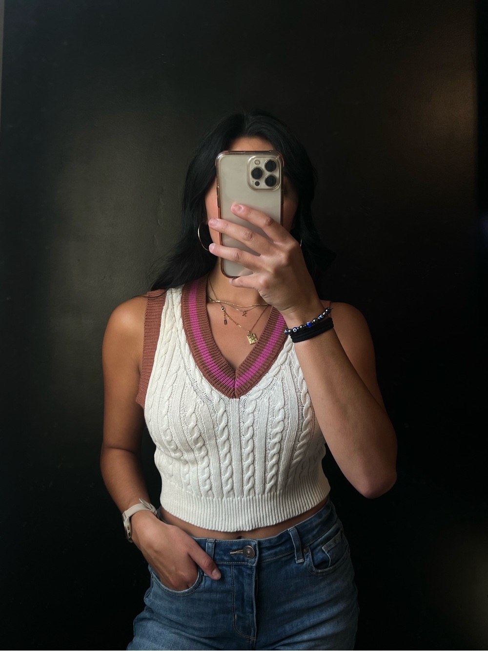 Forever 21 Cable Knit Cropped Tank - White with Pink & Brown Trim